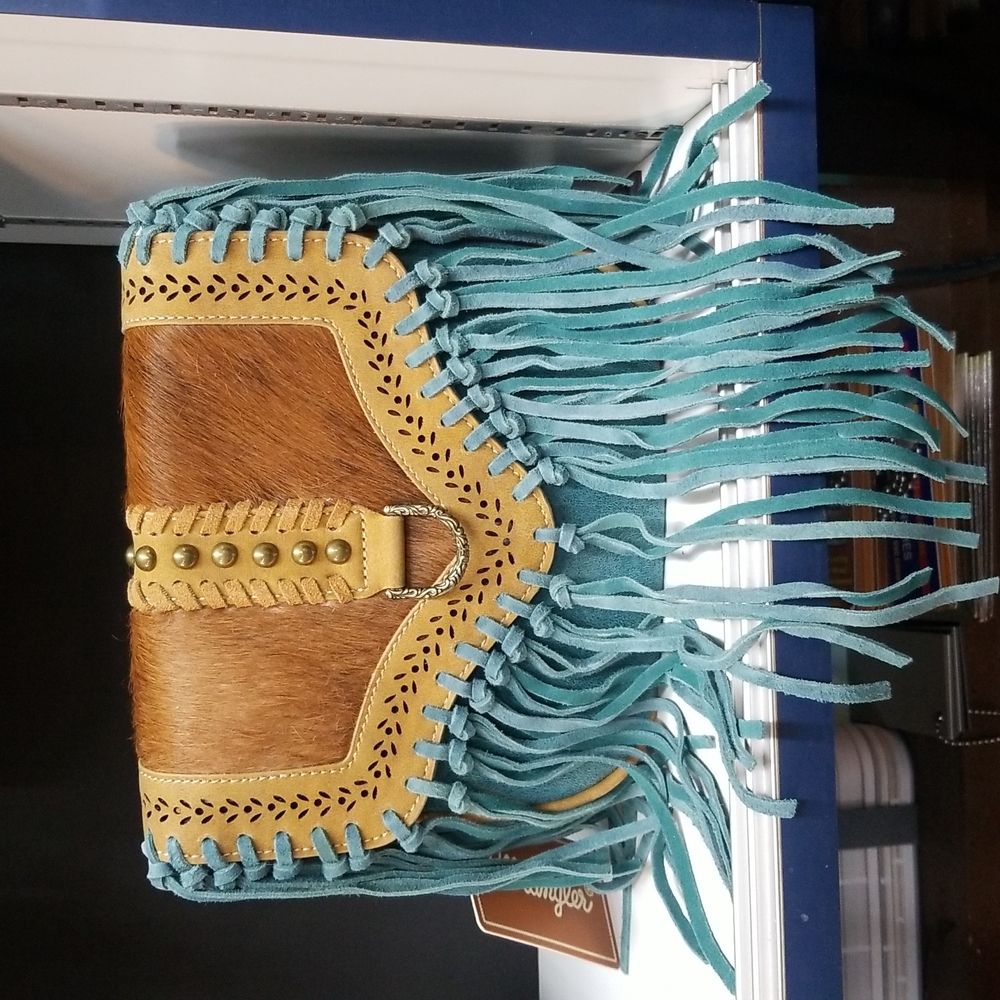 Montana West Purse Wrangler Hair Partial Leather Fringe Cross Body Bag Turquoise